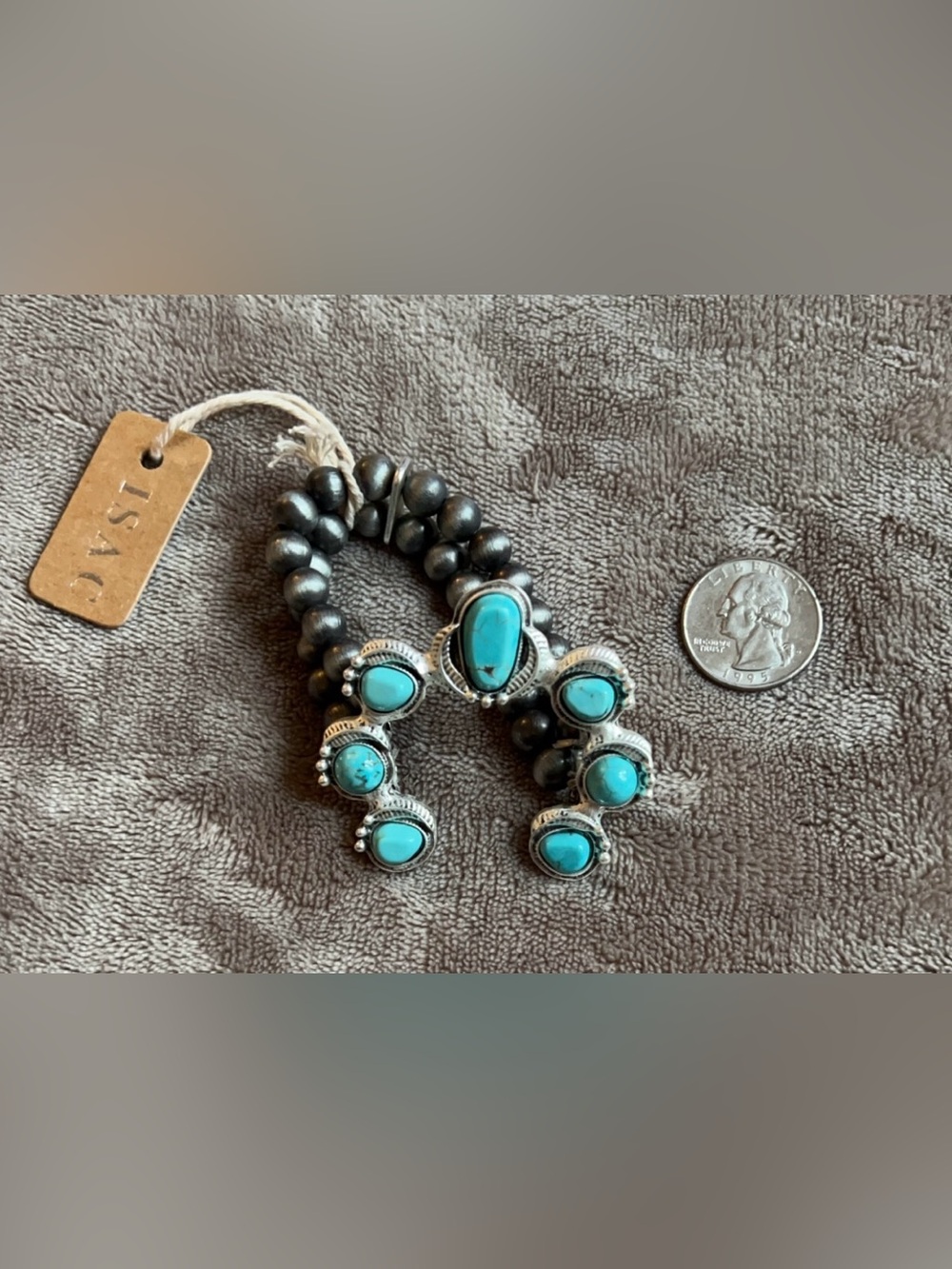Turquoise Navajo-Style Squash Blossom Necklace - Turquoise Silver Tone